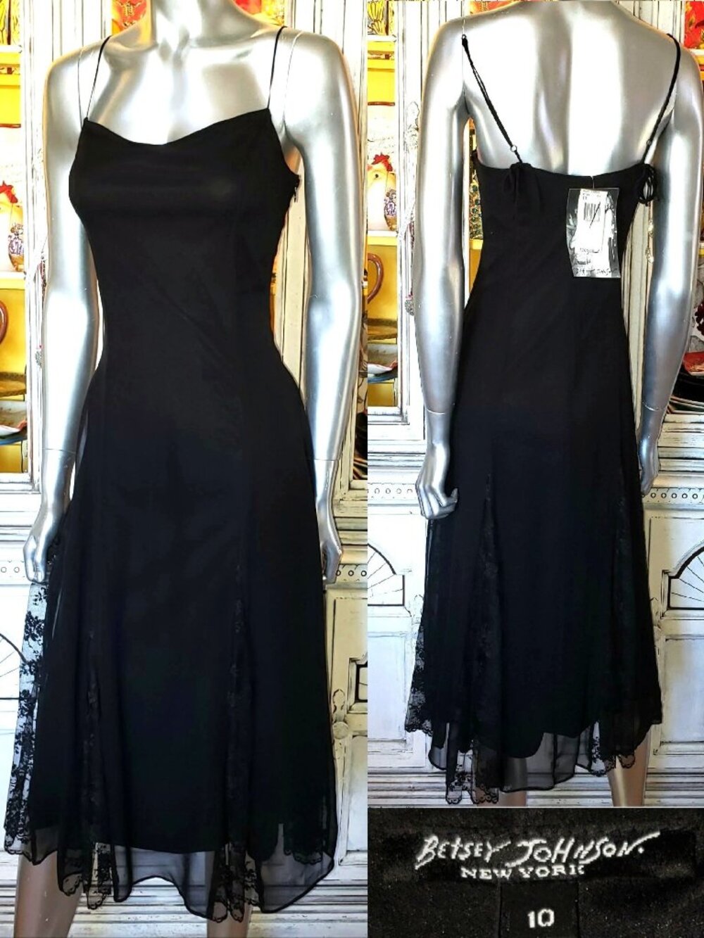 Vintage Betsey Johnson Midi Slip Dress New York 90s Black Silk Chiffon and Lace